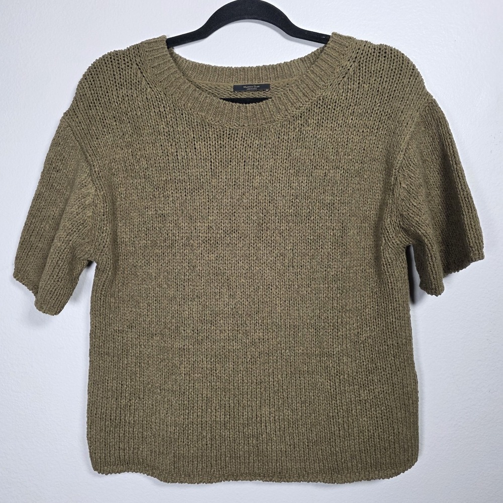 Massimo Dutti Womens Small Olive Khaki Short Sleeve Knit Top Scandi Earthy Clean